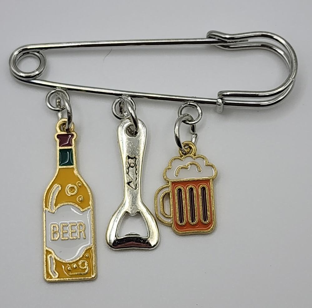 Silver Tone Safety Pin Brooch Beer Mug & Bottle Opener Dangling Charms